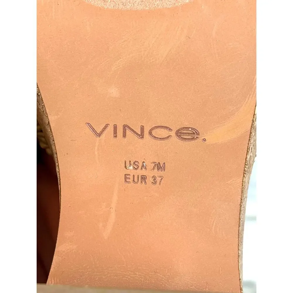 Vince Womens 7 Tan Nicki Crochet Knotted Cork Platform Slip On Heeled Sandals